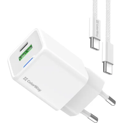 Зарядний пристрій ColorWay C101A GaN Mini 20W PD PPS USB-C + USB-A QC4.0 + cable USB-C to USB-C black (CW-CHS062PDC-WT)