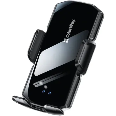 Універсальний автотримач ColorWay FlameGrip, автозажим, Wireless Charger 15W Black (CW-CHAW070Q-BK)
