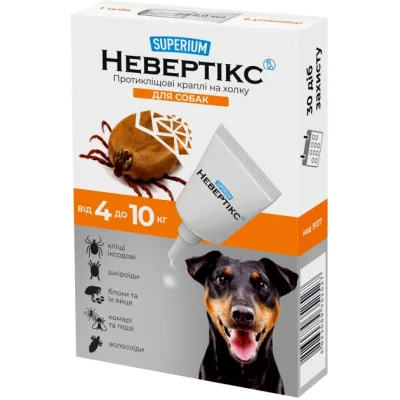 Краплі для тварин Superium Nevertix Протикліщові для собак від 4 до 10 кг (9137)