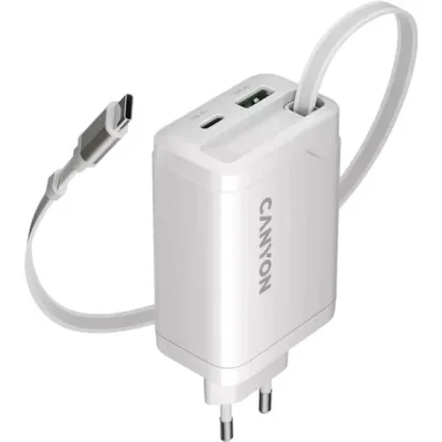 Зарядний пристрій Canyon 1xUSB-C PD65W + 1xUSB QC3.0 + cable USB-C to USB-C white (CNS-CURC65ACW)