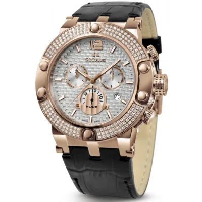 Наручний годинник Seculus 4490.2.503 white, pvd-r stones, black leather