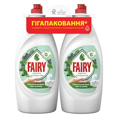 Засіб для ручного миття посуду Fairy Sensitive Чайне дерево і М'ята 2 х 900 мл (8700216759649/8006530210850)