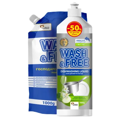 Набір побутової хімії Wash&Free Засіб для миття посуду Зелене яблуко та едельвейс 1000 г + Рідке господарське мило 1000 г (9200000987252)