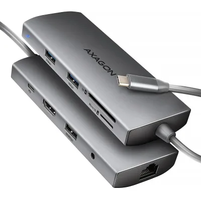 Концентратор AXAGON USBC to 3xUSB-A + HDMI + RJ45 + SD/microSD + audio + PD 100W 0.2m grey (HMC-8HLSA)