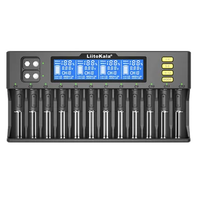Зарядний пристрій для акумуляторів Liitokala 12 Slots+2, Ni-Mh/Li-ion/LiFePo4/Крона, LED+LCD (Lii-S12)
