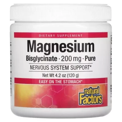 Мінерали Natural Factors Магній Бісгліцинат у порошку, 200 мг, Magnesium Bisglycinate, Pure, 120 (NFS-01642)