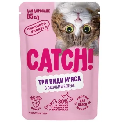 Вологий корм для кішок Catch! три види м’яса з овочами в желе 85 г (4820261921984)