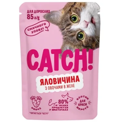 Вологий корм для кішок Catch! з яловичиною та овочами в желе 85 г (4820261921960)