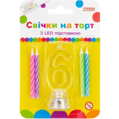 Свічка Maxi 4 шт. на торт з LED підставкою "6", що світиться (MX701007-6)