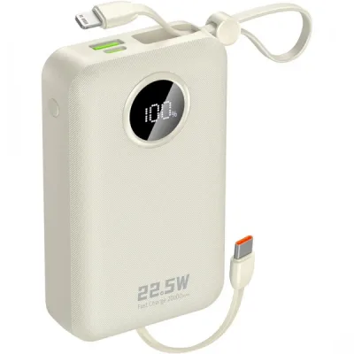 Батарея універсальна Dudao 20000mAh K14+ 22.5W, PD, QC, USB-A, USB-C(In/Out), with built-in USB-C/Lightning cables, White (6977196680023)