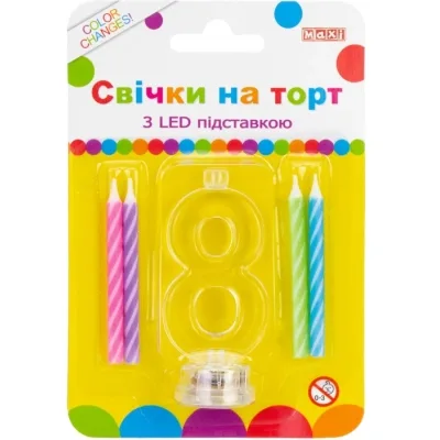 Свічка Maxi 4 шт. на торт з LED підставкою "8", що світиться (MX701007-8)