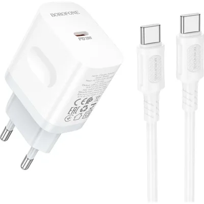 Зарядний пристрій BOROFONE USB-C PD20W + cable USB-C to USB-C white (6941991121371)