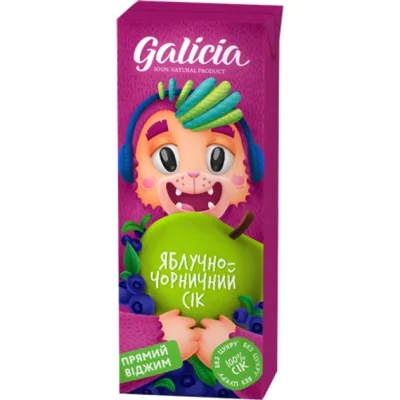 Сік дитячий Galicia Яблучно-чорничний прямого віджиму неосвітлений 200 мл (4820209560213) (упаковка 27 шт)
