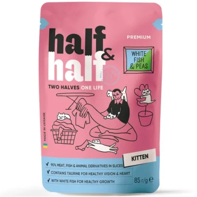 Вологий корм для кішок Half&Half для кошенят з білою рибою та горохом в желе 85 г (4820261921939)