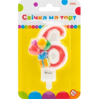 Свічка Maxi двостороння "6" із зображенням надувних кульок висотою 7,62 см (MX622069-6)