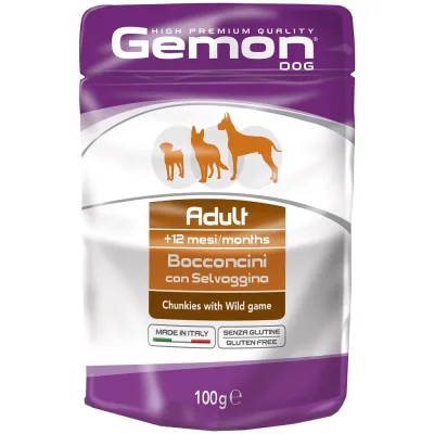 Вологий корм для собак Gemon Dog Wet шматочки з м'ясом диких тварин 100 г (8009470300629)