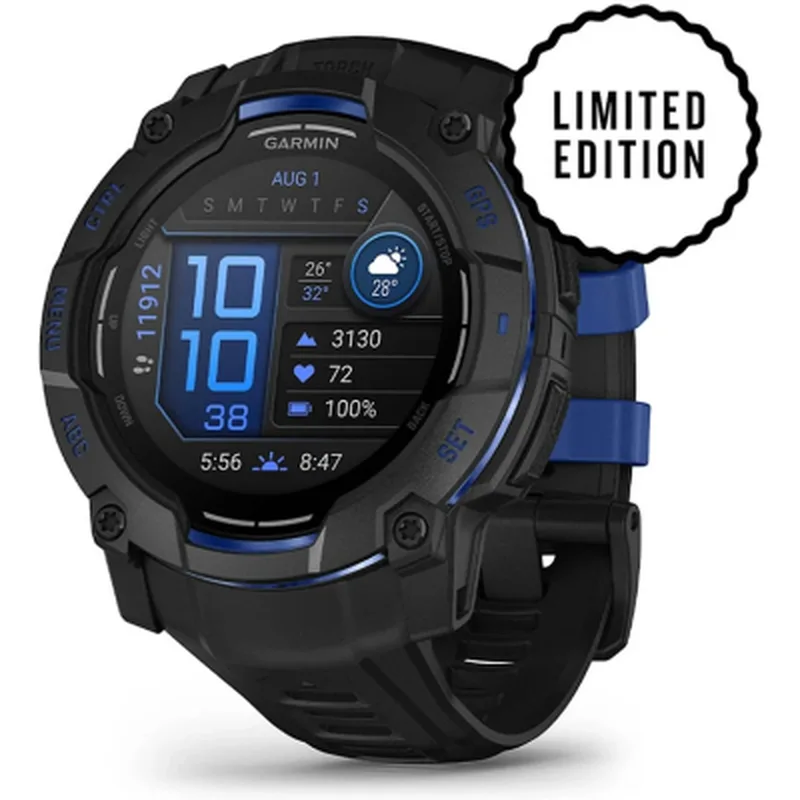 Смарт-годинник Garmin Instinct 3, 50mm, AMOLED, Black with Bolt Blue Accents, GPS смарт-годинник (010-03020-03)