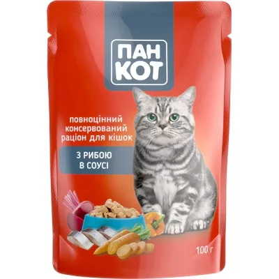 Вологий корм для кішок Пан Кот риба в соусі 100 г (4820111141043) (упаковка 24 шт)