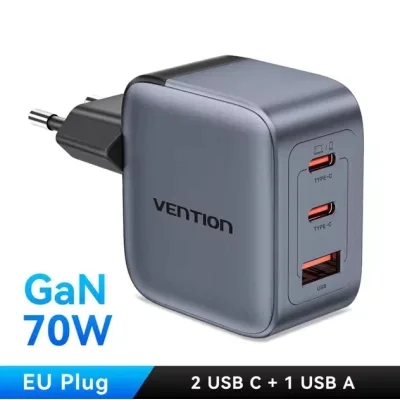 Зарядний пристрій Vention 1xUSB-C PD70W + 1xUSB QC3.0 22.5W GaN + cable USB-C to USB-C 1.0m 5A gray (TZ-FCGH0-EU)