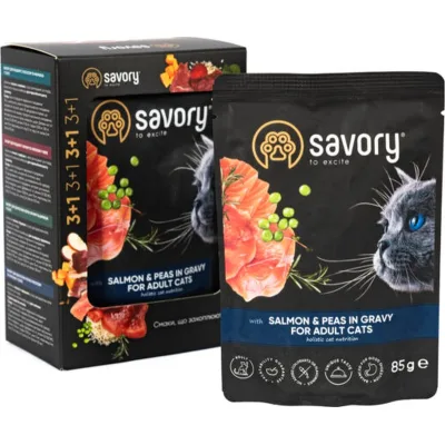 Вологий корм для кішок Savory Salmon and Peas in Gravy 3+1х85 г (2700000032817)