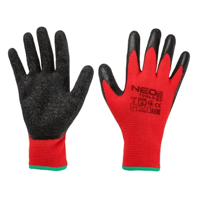 Захисні рукавиці Neo Tools комплект 12шт, поліестер з латексним покриттям, р.8, червоно-чорний (97-645-8)
