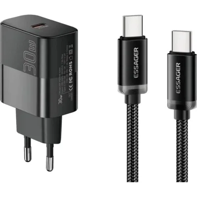Зарядний пристрій Essager USB-C PD30W + cable USB-C to USB-C 60W black (E30JSB1-SYTT1-T)