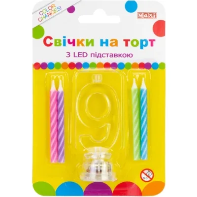 Свічка Maxi 4 шт. на торт з LED підставкою "9", що світиться (MX701007-9)
