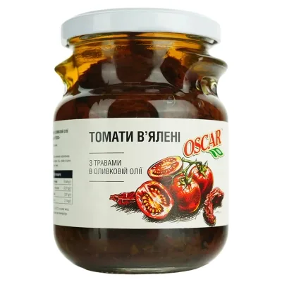 Овочева консервація Oscar foods Томати в'ялені з травами в оливковій олії 230 г (8422243111299)
