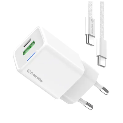 Зарядний пристрій ColorWay GaN Mini 30W PD Port PPS USB (Type-C PD + USB QC4.0) cable Type-C (CW-CHS053PDC-WT)