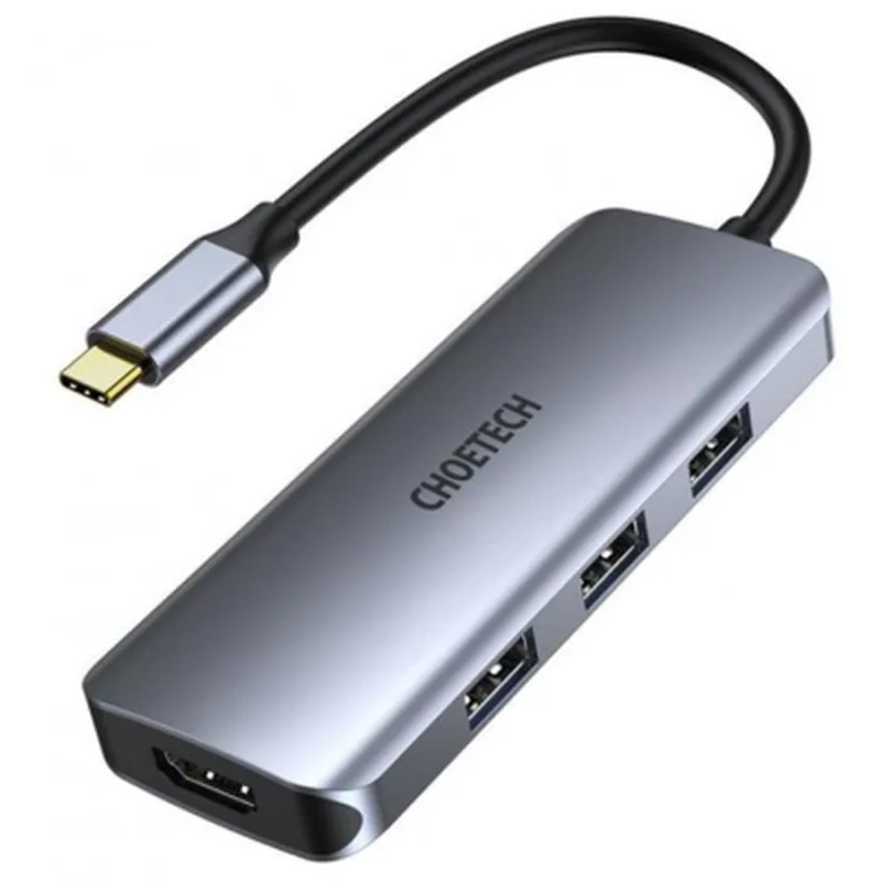 Концентратор Choetech USB-C 7-in-1 3хUSB 3.0+USB-C PD100W+HDMI 4K 30HZ+SD/TF USB3.1 (HUB-M19-GY)