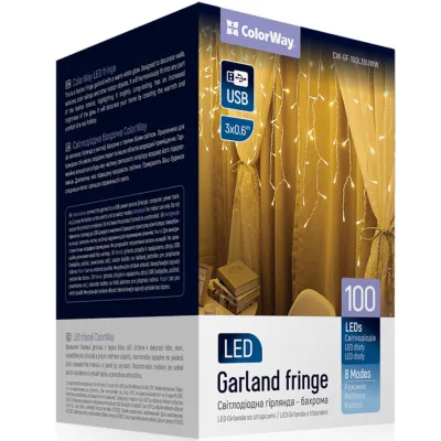 Гірлянда ColorWay Бахрома 3 м x 0.6 м 100 Led IP20 теплий колір USB (CW-GF-100L36UWW)