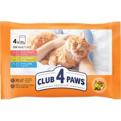 Вологий корм для кішок Club 4 Paws Premium з індичкою, кроликом і ягням 4х85 г (4820269145825)