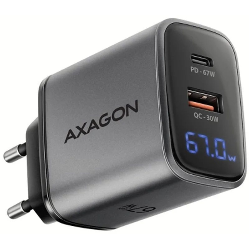 Зарядний пристрій AXAGON 1xUSB-C PD67W + 1xUSB QC4+ PPS display gray (ACU-PQ67D)