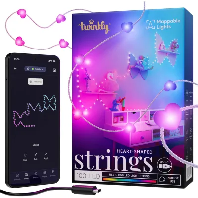 Гірлянда Twinkly Smart LED, Strings USB 100 Heart-shaped RGB LEDs, Clear Wire, USB-C (TWKH100RGB-T)