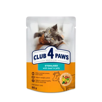 Вологий корм для кішок Club 4 Paws для стерилізованих з яловичиною в желе 80 г (4820215367585) (упаковка 24 шт)