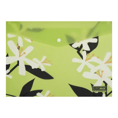 Папка - конверт Buromax А4 на кнопці, PLUMERIA ARABESKI, напівпрозора, салатова (BM.3943-15)