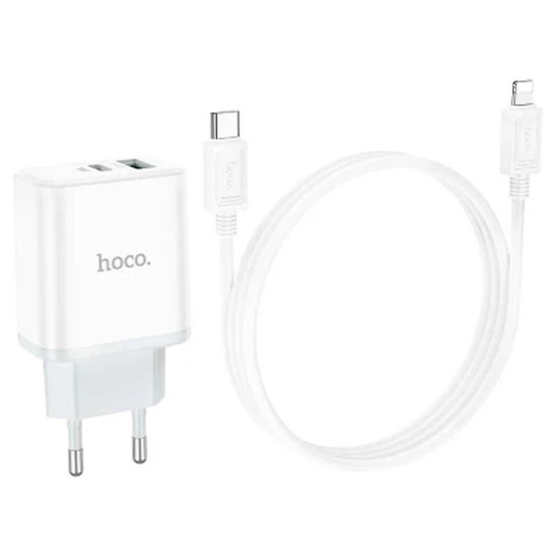Зарядний пристрій HOCO C105A Stage 1xUSB-C PD20W + 1xUSB QC3.0 + cable USB-C to Lightning White (6931474782939)