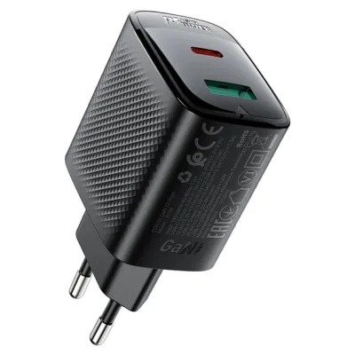 Зарядний пристрій Acefast A106 1xUSB-C PD45W + 1xUSB QC3.0 GaN black (6974316284031)