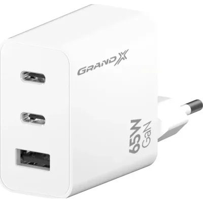 Зарядний пристрій Grand-X GaN 2xUSB-C + 1xUSB 65W PD3.0 QC4.0 AFC SCP FCP white (CH-990W)