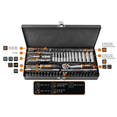 Набір інструментів Neo Tools 63шт, 1/4", CrV, металевий кейс (10-008)