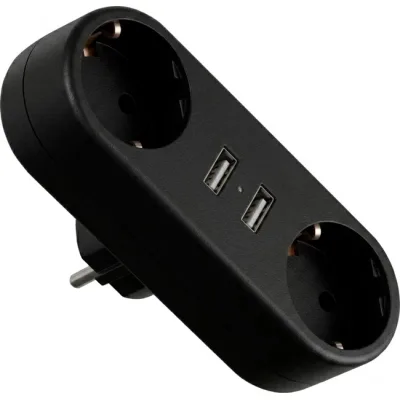 Мережевий розгалужувач EUROELECTRIC X2 16A 2xUSB Black з заземленням (EE-2/2USB-16A(black))