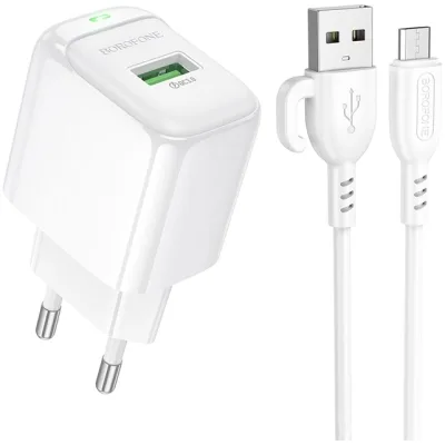 Зарядний пристрій BOROFONE BAS42A Potential USB QC3.0 + cable USB to Micro 5P White (6941991113796)