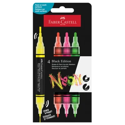 Набір маркерів Faber-Castell акрилові двобічні Black Edition Shake & Paint Neon Acrylic Marker, 4 неонові кольори (33105)