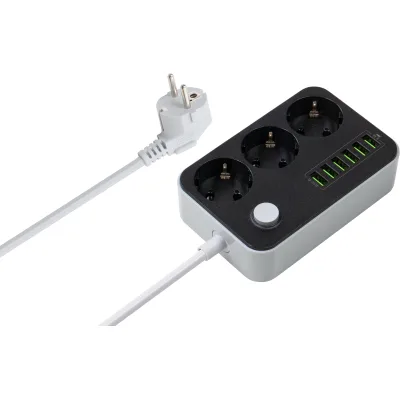 Мережевий фільтр живлення ColorWay CW-CHЕ36B, 3 розетки/6USB Black 1.8M (CW-CHE36B)