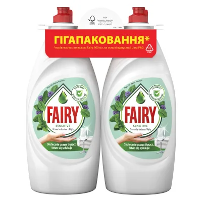Засіб для ручного миття посуду Fairy Sensitive Чайне дерево і М'ята 2 х 900 мл (8700216759649/8006530210850)