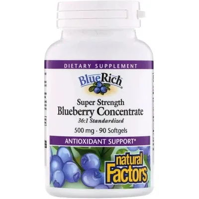 Трави Natural Factors Концентрат Чорниці, 500 мг, BlueRich, Super Strength, 90 капсул (NFS-04516)