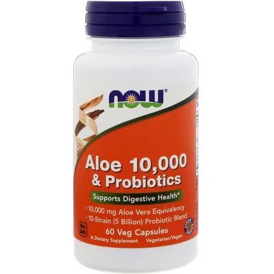 Трави Now Foods Алое 10 000 & Пробіотики, 60 вегетаріанських капсул (NOW-03029)