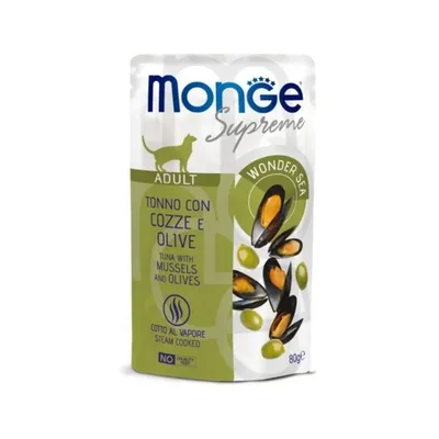 Вологий корм для кішок Monge Wet Adult тунeць з мідіями та оливками 80 г (8009470006804)