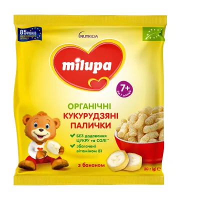 Дитячі снеки Milupa Органічні кукурудзяні палички з бананом від 7 міс., 20 г (4820226169314)