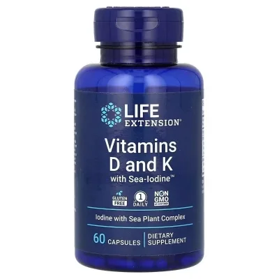 Вітамін Life Extension Вітамін D і K з морським йодом, Vitamins D and K with Sea-Iodine, 60 капсу (LEX-20406)